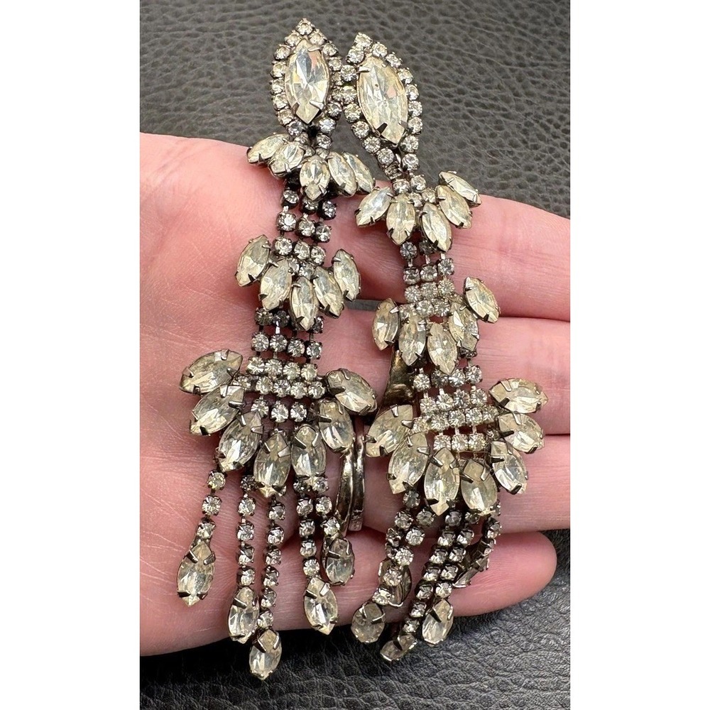 HUGE Vintage Art Deco Rhinestone Marquise Chandelier Dangle Clip On Earrings